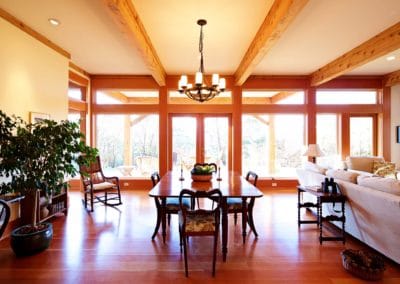 open concept living wood floor cedar beams