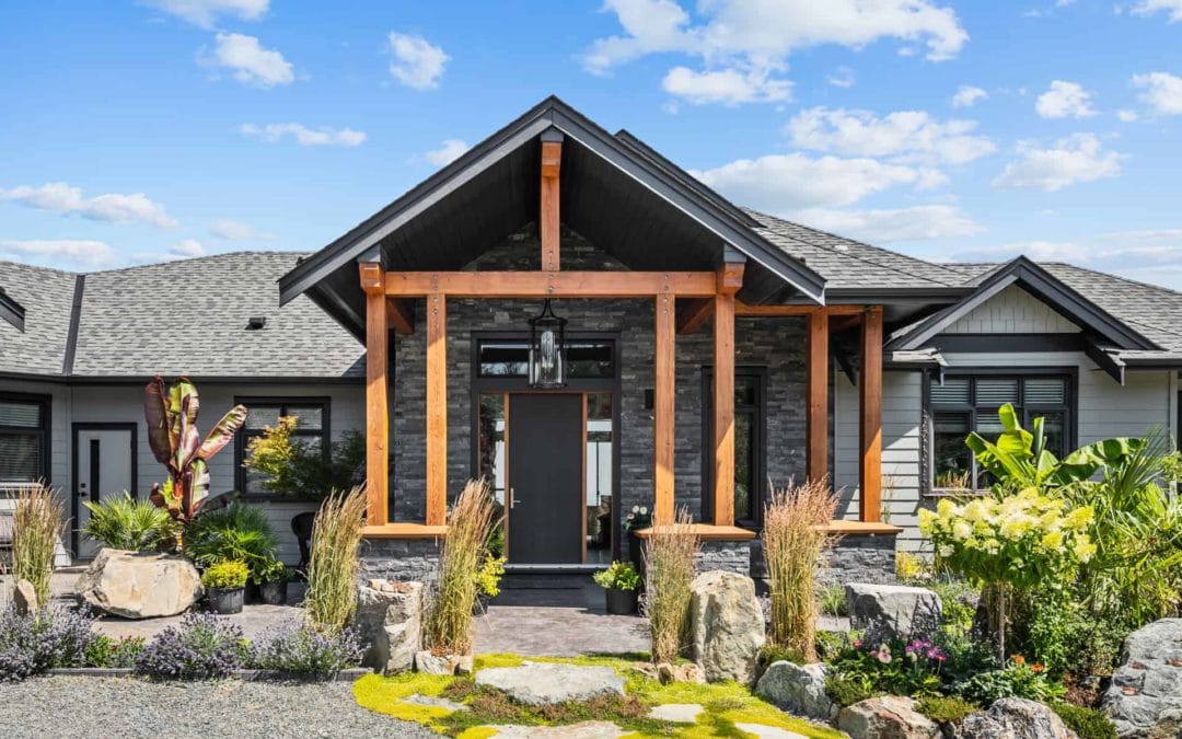 Goldstream Heights Custom Home timber framed front entryway