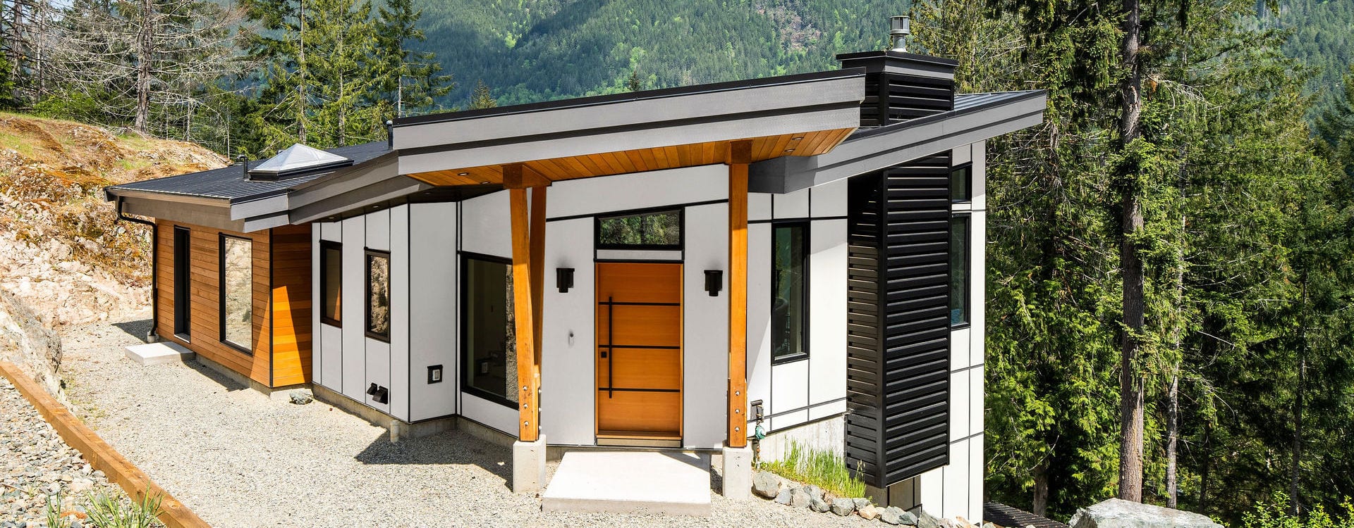 Custom made wood front door of lakefront home