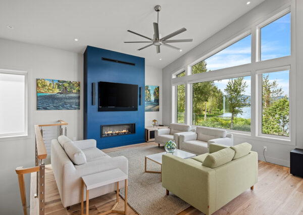 Modern open concept living room custom home Cowichan Valley