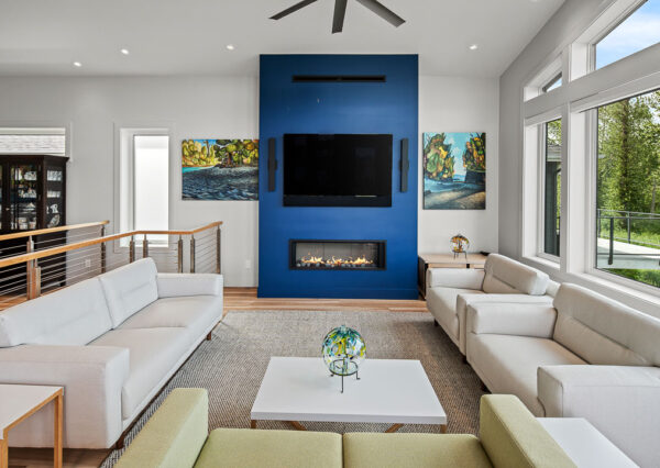Blue accent fireplace modern living room
