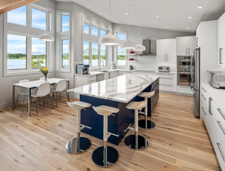 Modern kitchen, blue island, white cabinetry