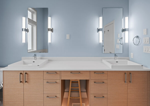 Master bathroom vanity, light blue walls