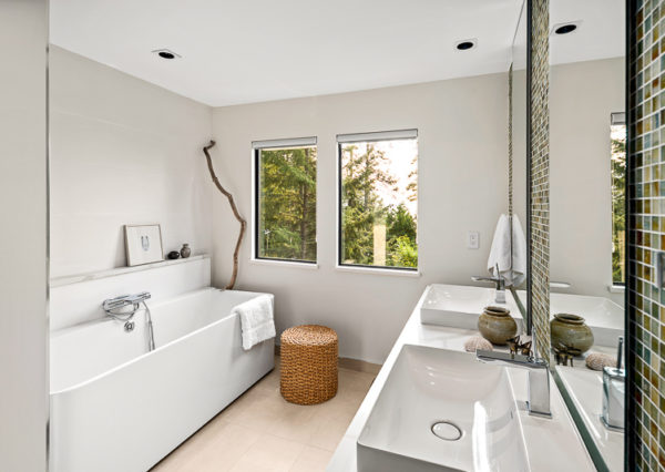 Renovated 80s style master bathroom modern with views