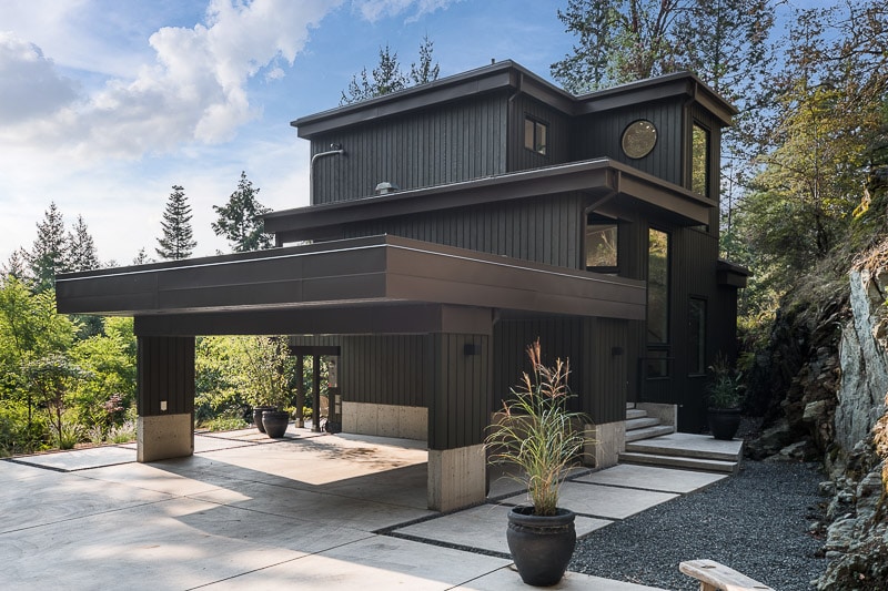 Modern Revival dark exterior, flat roof