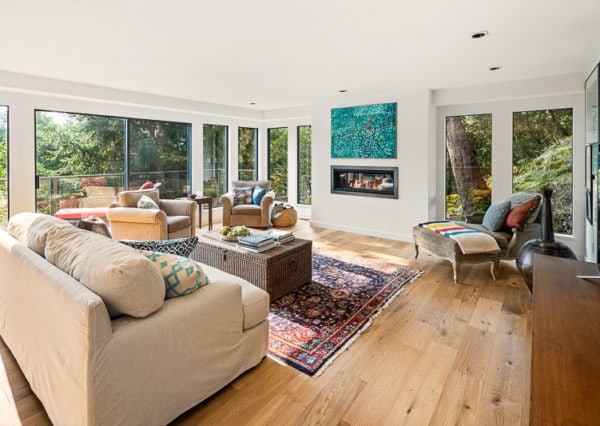 Modern living room with Cowichan Valley views