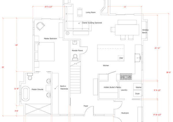 Main floor plan with master bedroom and ensuite