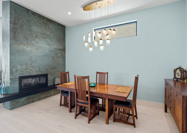 Dining room and fireplace in open concept home