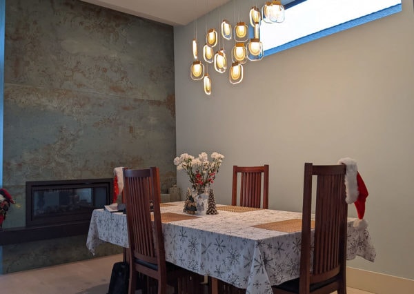Dining room and fireplace dividing wall