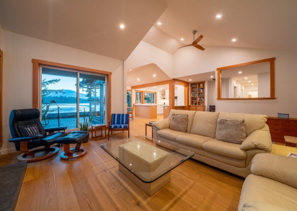 living room with vaulted ceilings