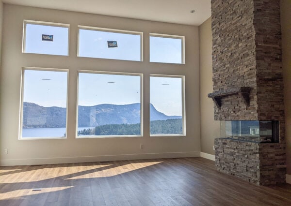 Rock fireplace duplex living room