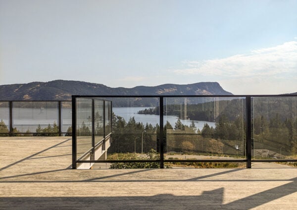 Glass railing surrounding deck with ocean views