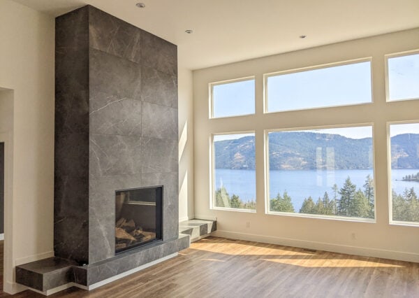 Fireplace and ocean view from windows
