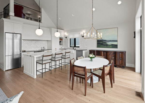 Kitchen and dining room with vaulted ceiling