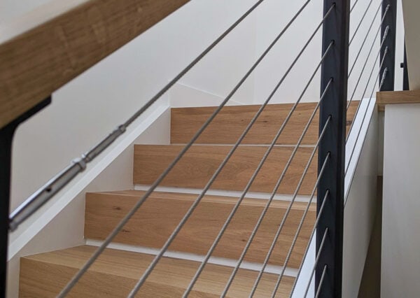 Close up steel cable railing staircase