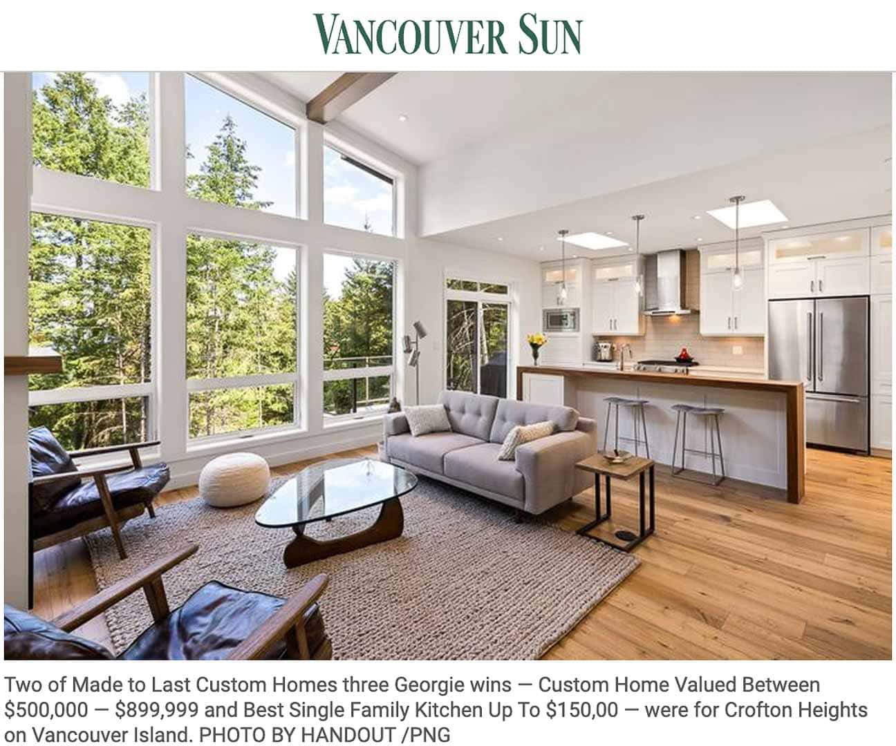 Living room looking into award-winning kitchen