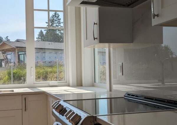 Kitchen with countertop windows.
