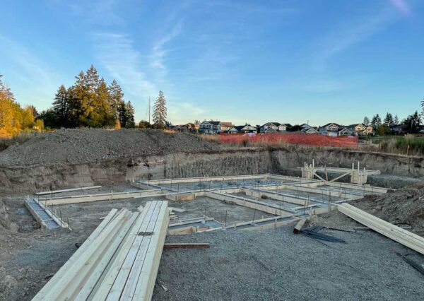 Foundation work, preparing for framing under construction home