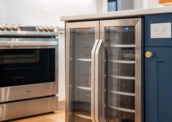 Bar Fridge in Traditional Kitchen with blue island