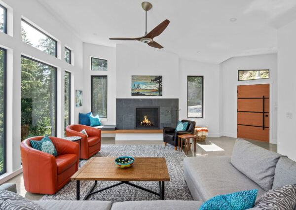 Edgewater custom home living room with fireplace