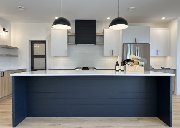 Large kitchen island with double pendant lights