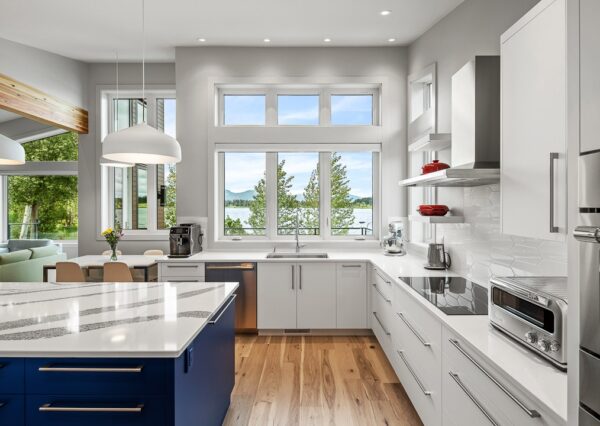 White and blue cabinetry in custom net zero home in Duncan