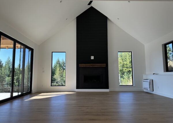 Great room design with black shiplap gas fireplace