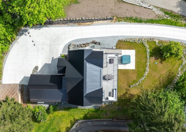 Drone shot of custom designed property in Shawnigan Lake