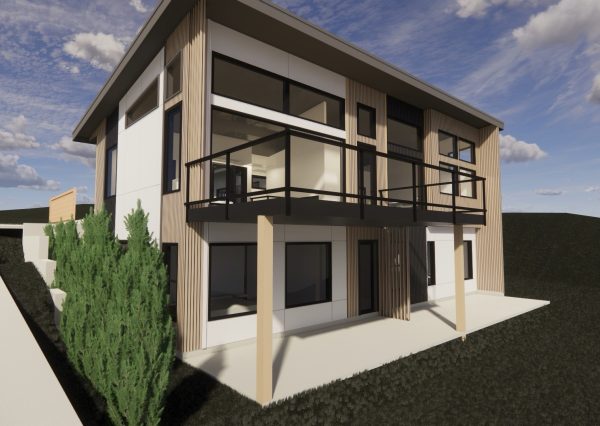Modern West Coast custom home with large windows and elevated terrace