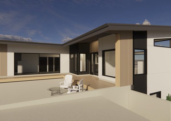 The Perch custom home exterior with glass railings and modern siding