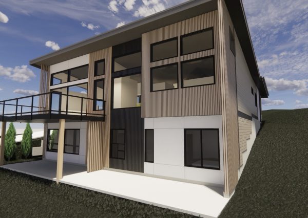 The Perch custom home exterior rendering with glass patio railings