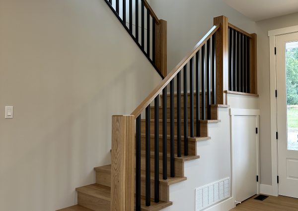 Custom wood staircase in modern farmhouse home