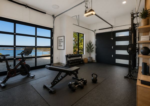 home gym in a garage with ocean views
