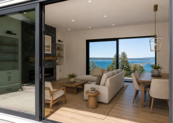 open concept living room with large sliding doors to ocean view