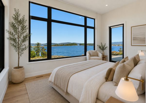 primary bedroom in custom home on vancouver island