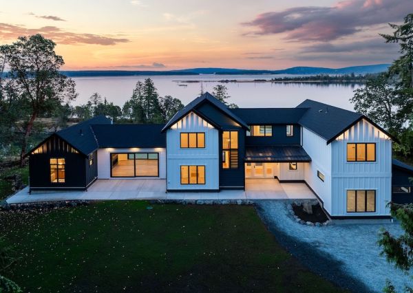 Aerial view of The Inlet custom home overlooking the ocean in Chemainus